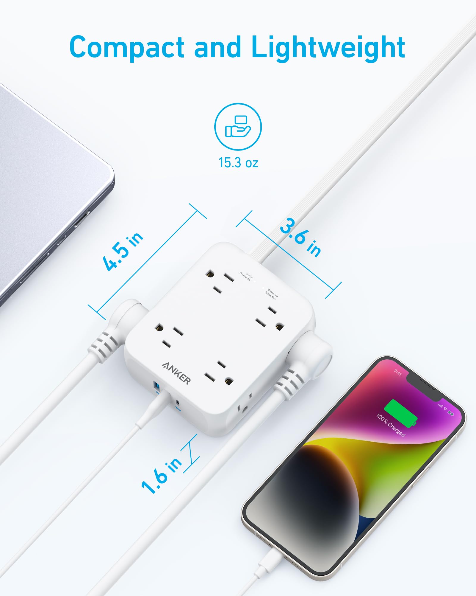 Anker power strip with compact size for lightweight charging