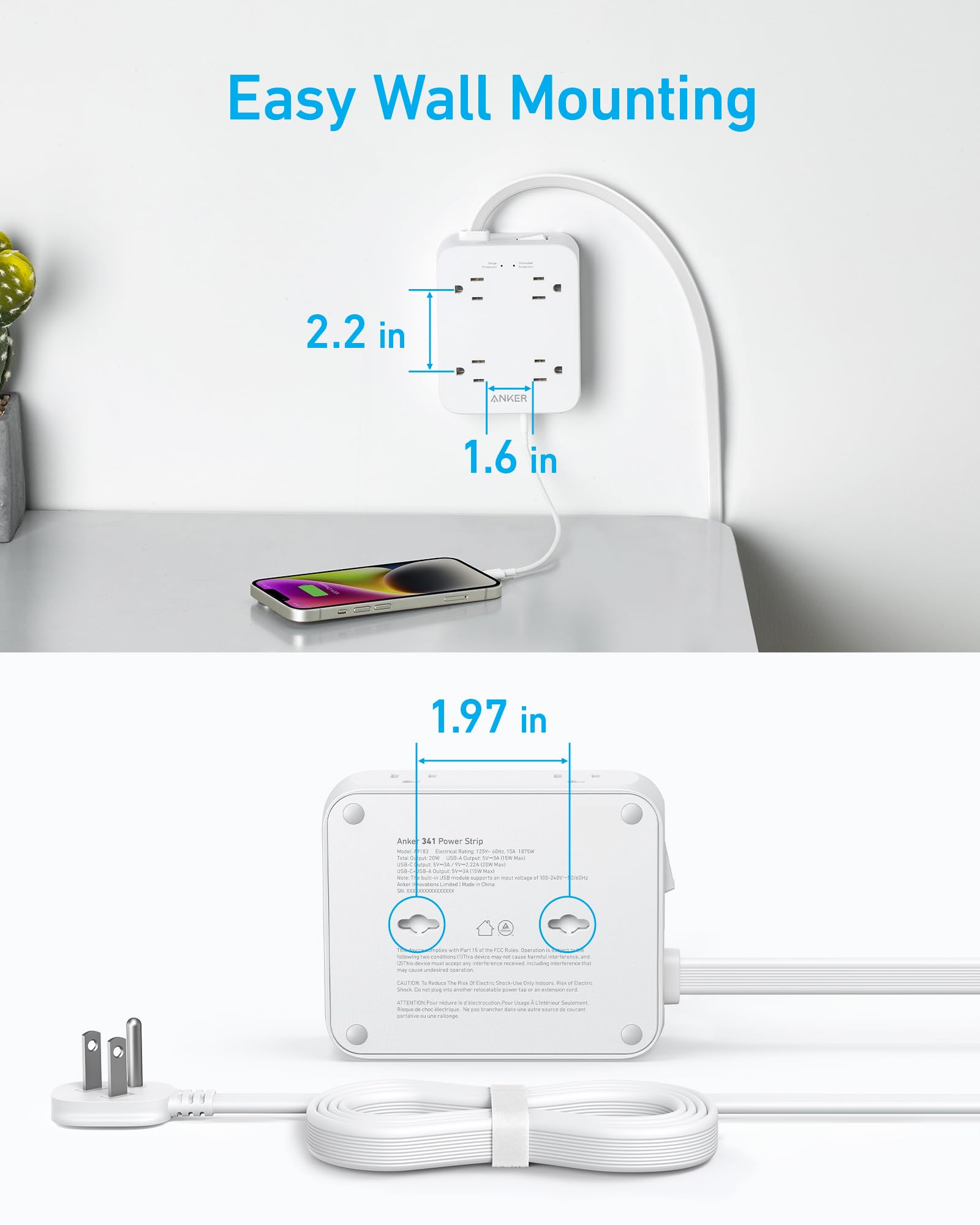 Anker power strip with wall mounting for easy installation