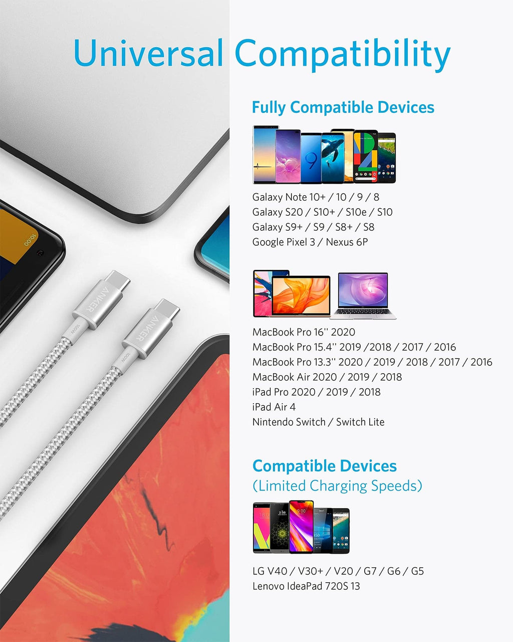 Anker cable with USB-C connector for universal compatibility