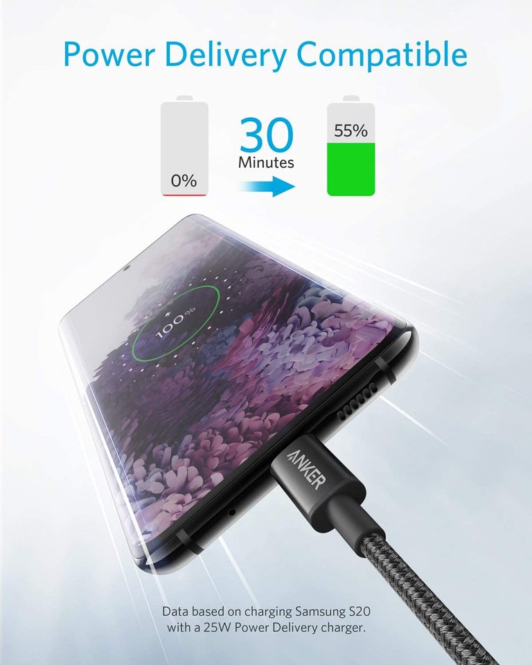 Anker with USB-C cable charging smartphone for power delivery