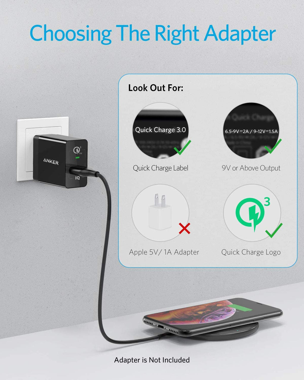 Anker adapter with phone charging for Keyword and Quick Charge logo.