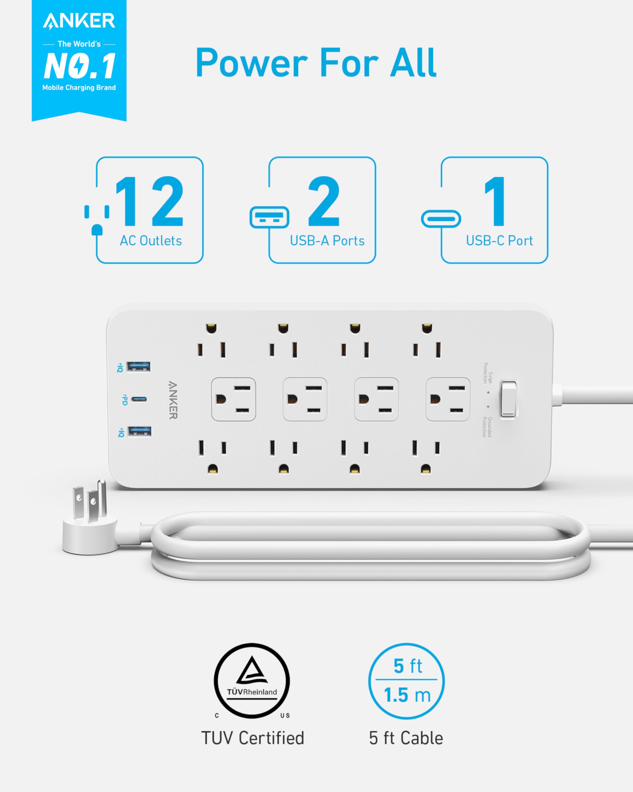 Anker white power strip with 12 AC outlets for home Keyword