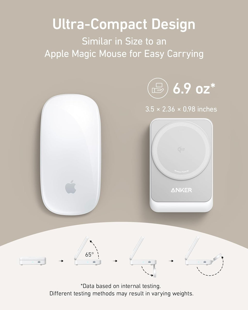 Anker ultra-compact charger with Apple Magic Mouse for size comparison
