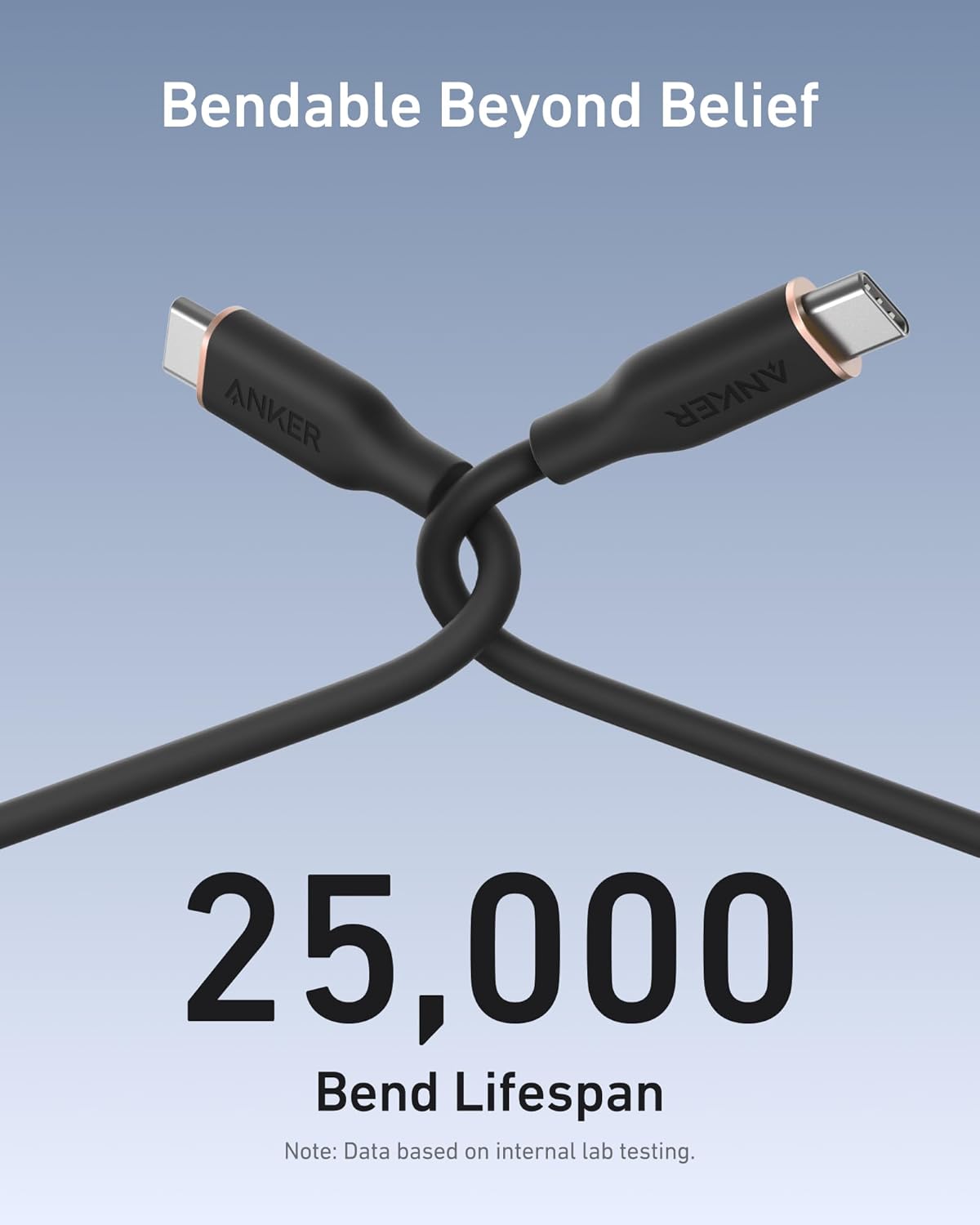 Anker USB-C cable with bendable design for 25,000 bend lifespan