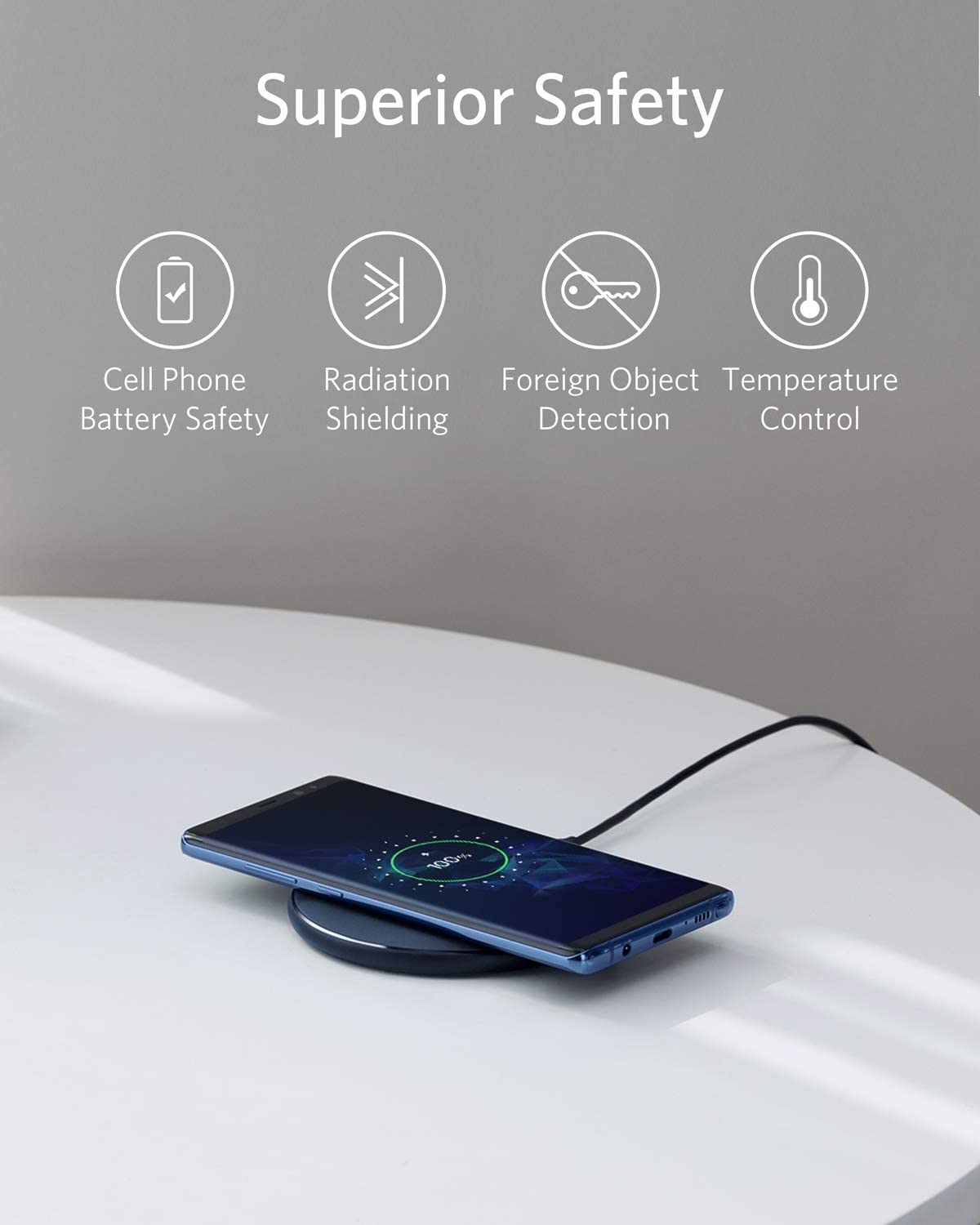 Anker wireless charger with phone featuring battery safety and temperature control