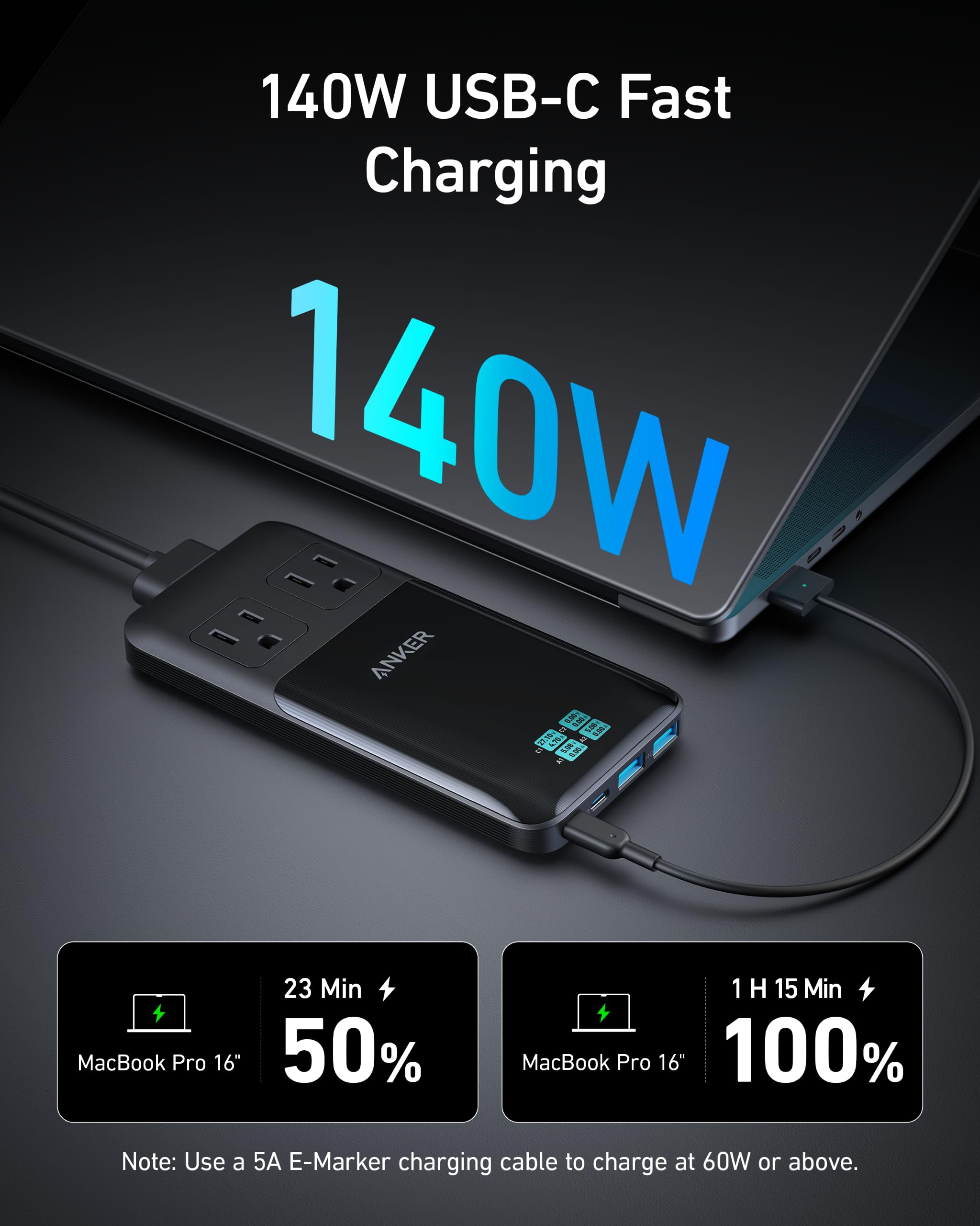 Anker GaNPrime 140W USB-C for fast laptop charging with MacBook Pro data