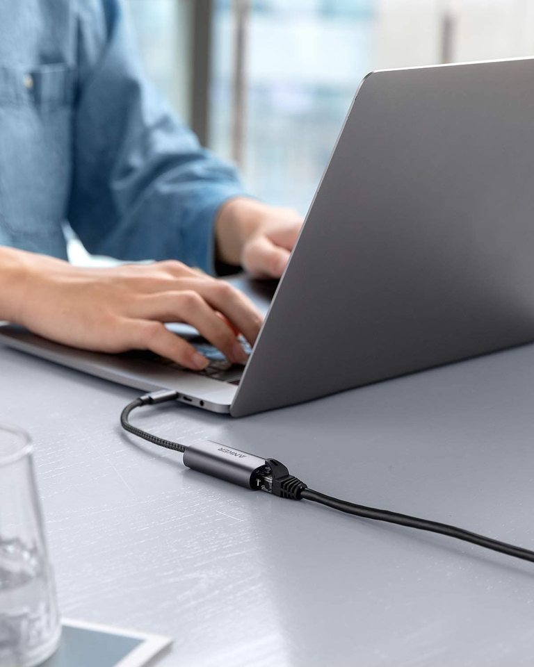 Anker with laptop and Ethernet adapter for fast wired connection