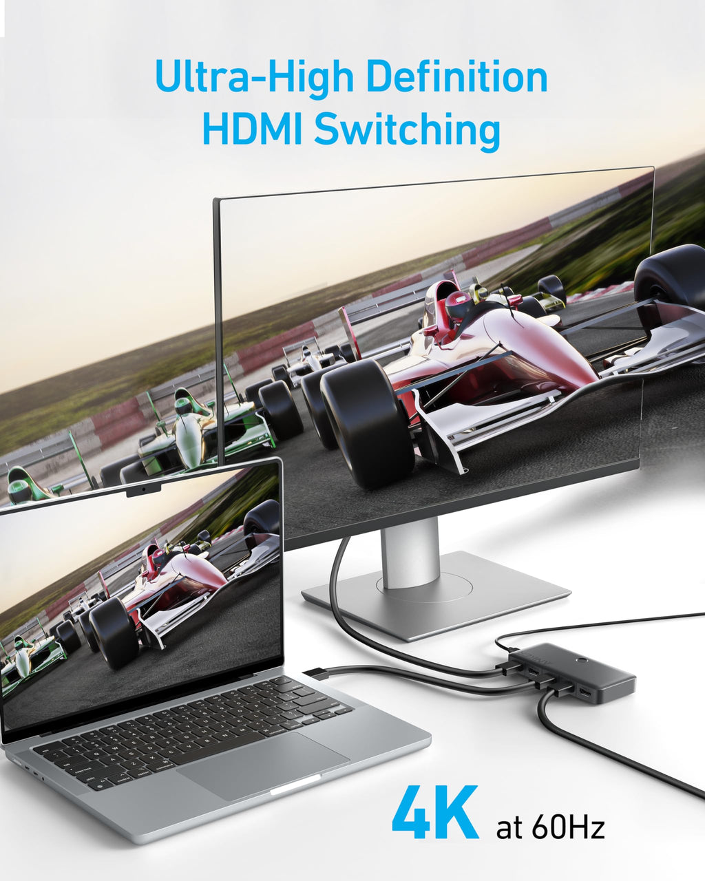 Anker HDMI switch for ultra-high definition 4K at 60Hz with racing car screening