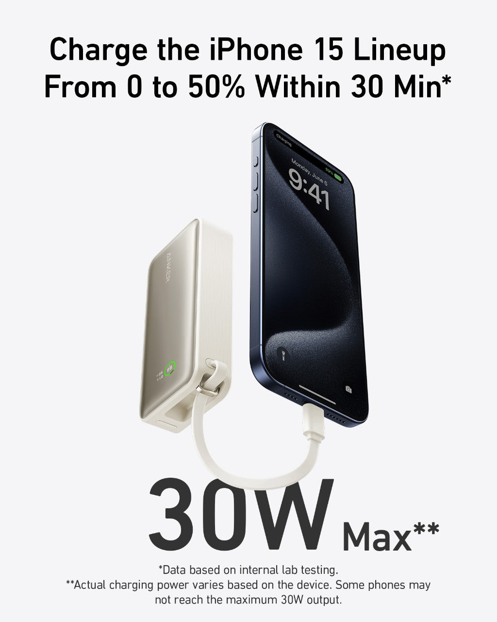 Anker charging iPhone 15 with fast 30W output