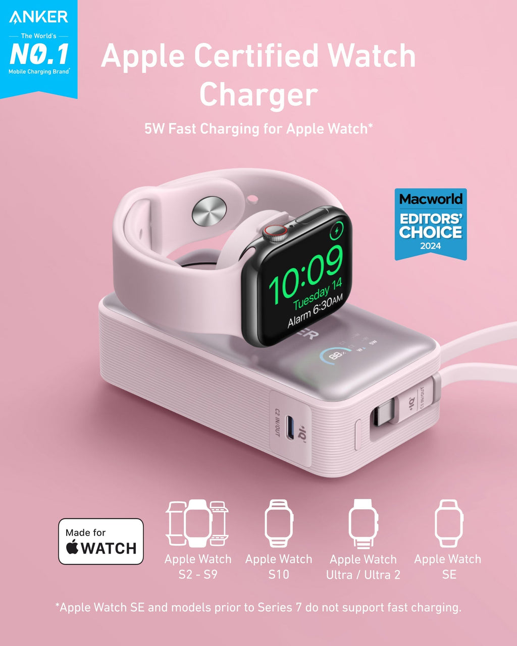 Anker Apple Watch charger with pink band for certified fast charging
