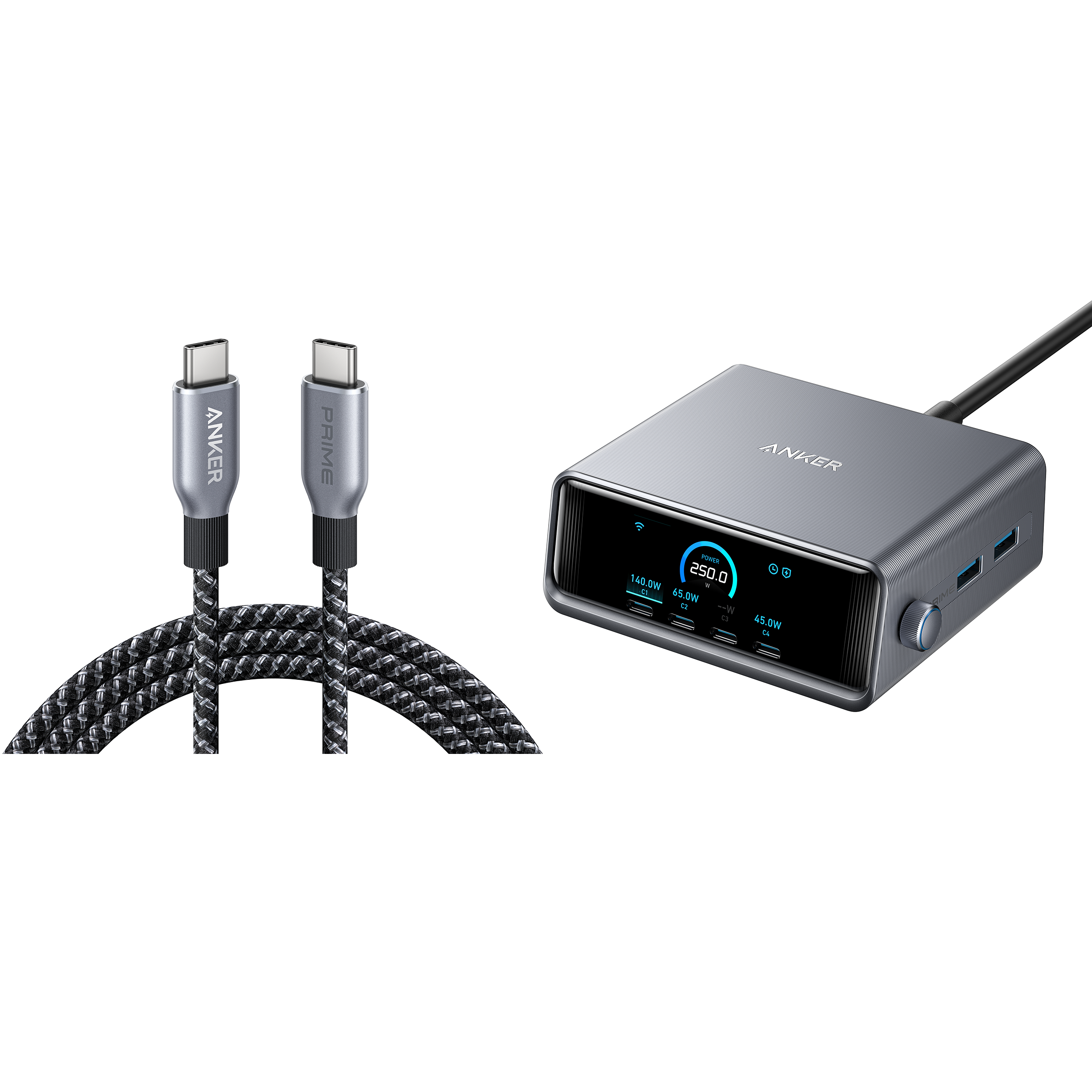 Prime Charger (250W, 6 Ports, GaNPrime) with USB-C to USB-C Cable (240W)
