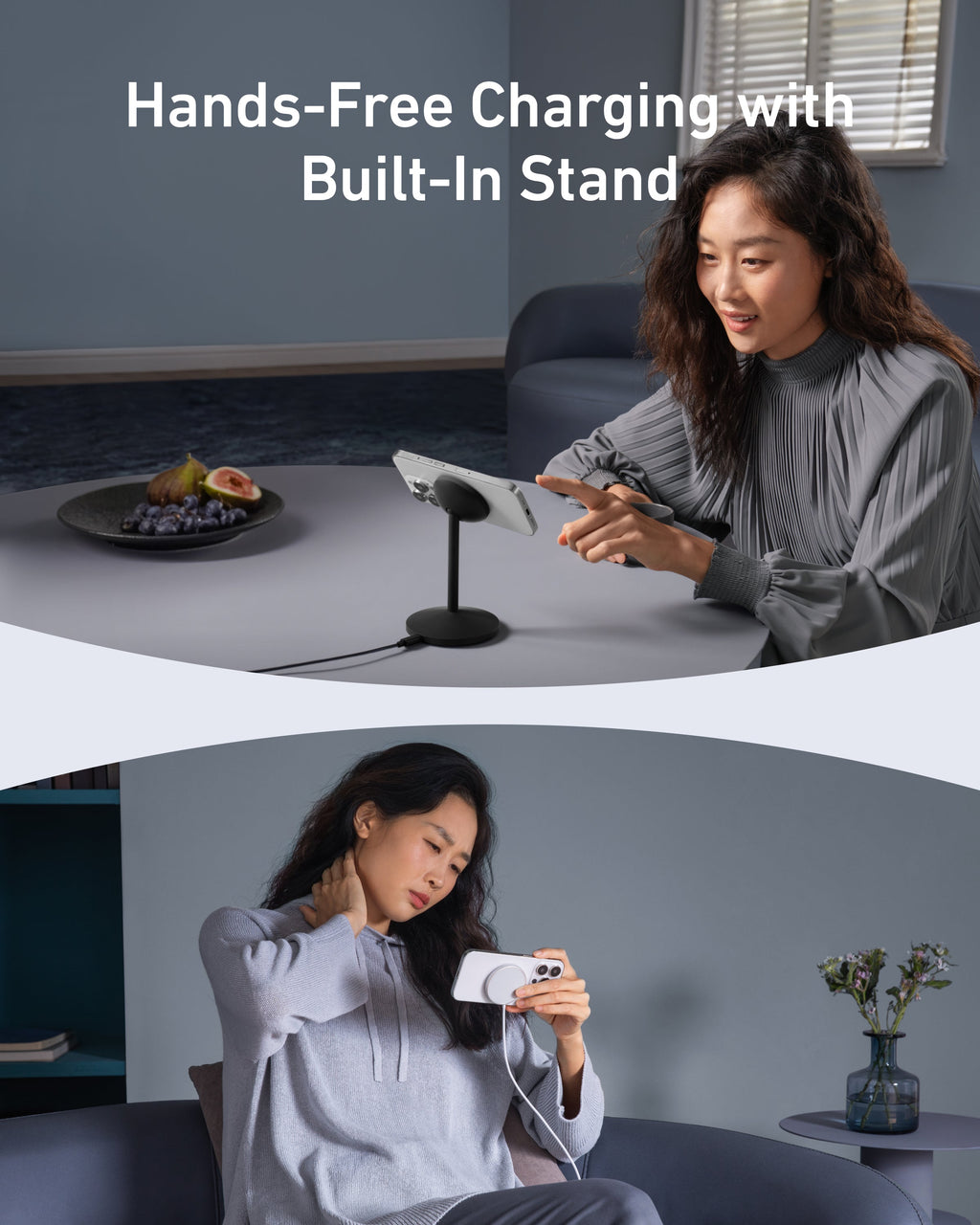 Anker built-in stand for iPhone with hands-free charging.