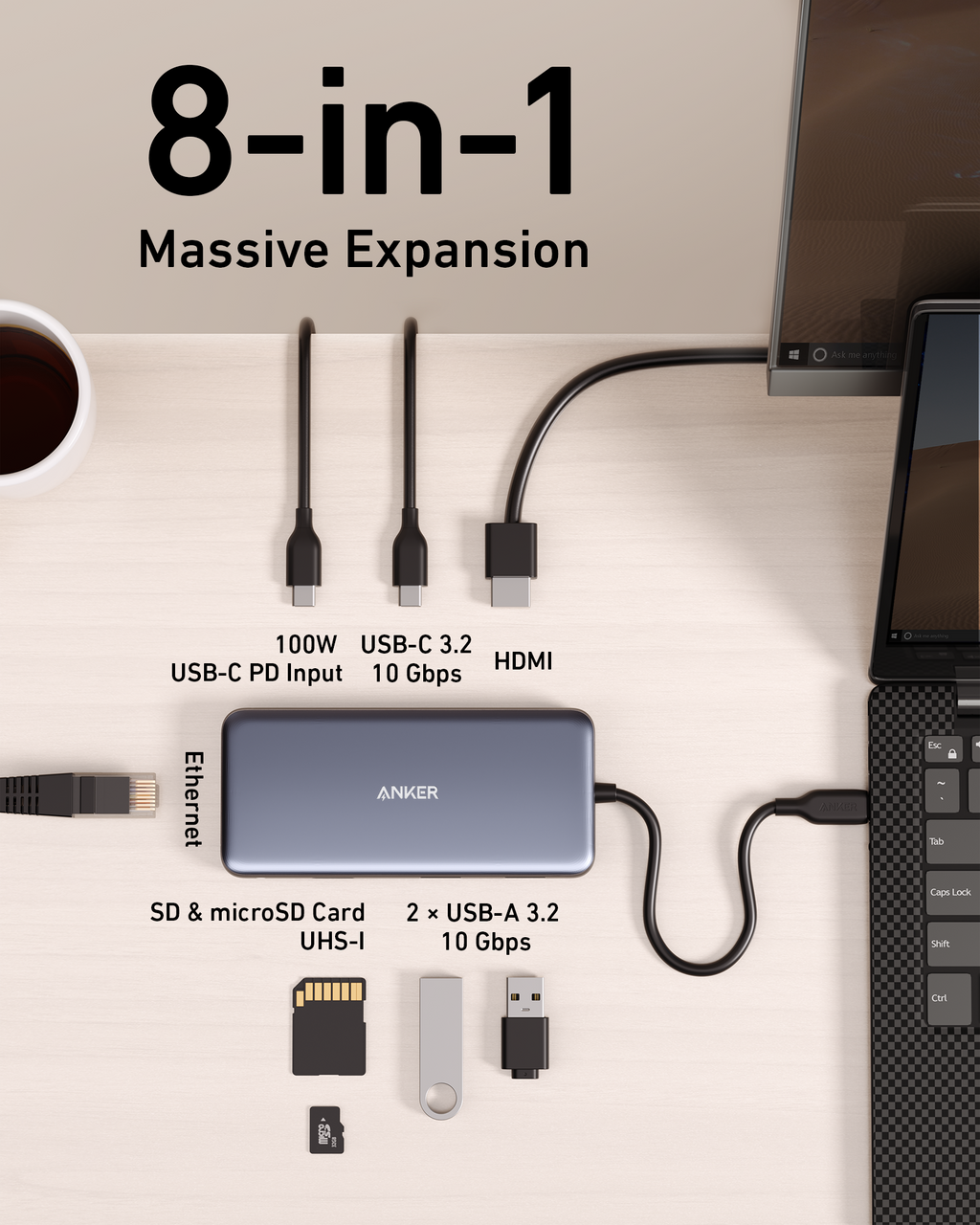 Anker 8-in-1 hub with HDMI, USB, SD card for Massive Expansion