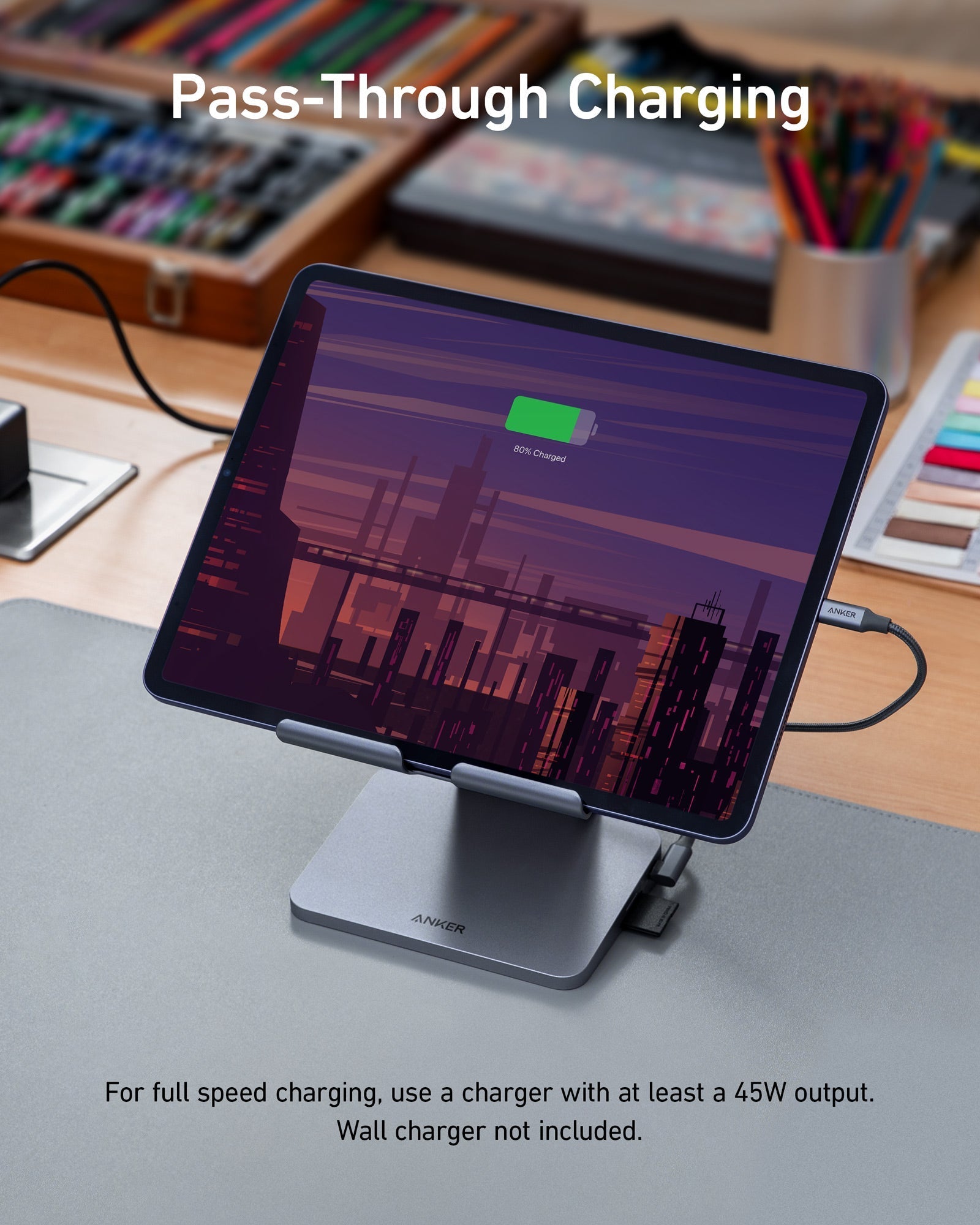 Anker tablet stand with pass-through charging for workspace