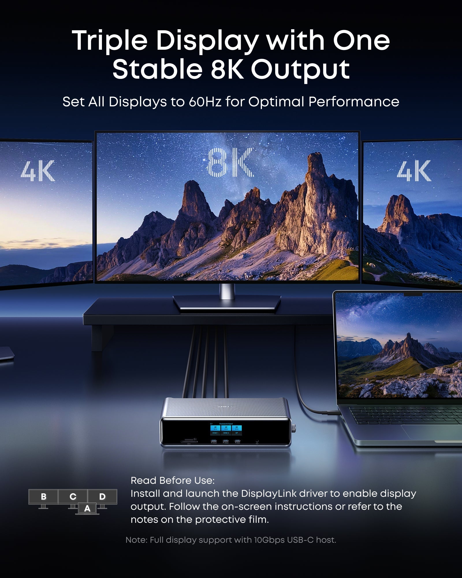 Anker with triple displays showing stable 8K and 4K output