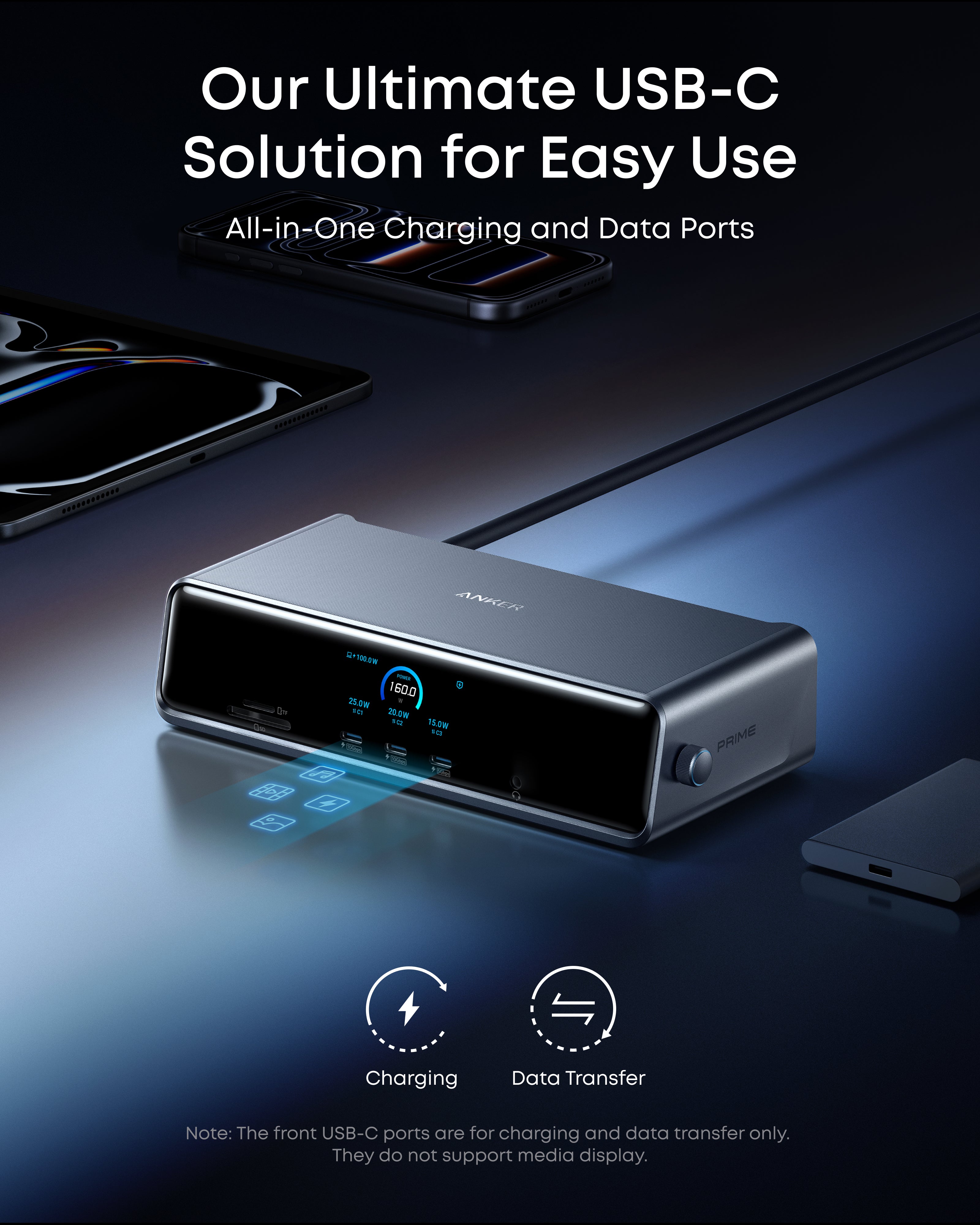 Anker hub featuring multiple USB-C ports for charging and data transfer