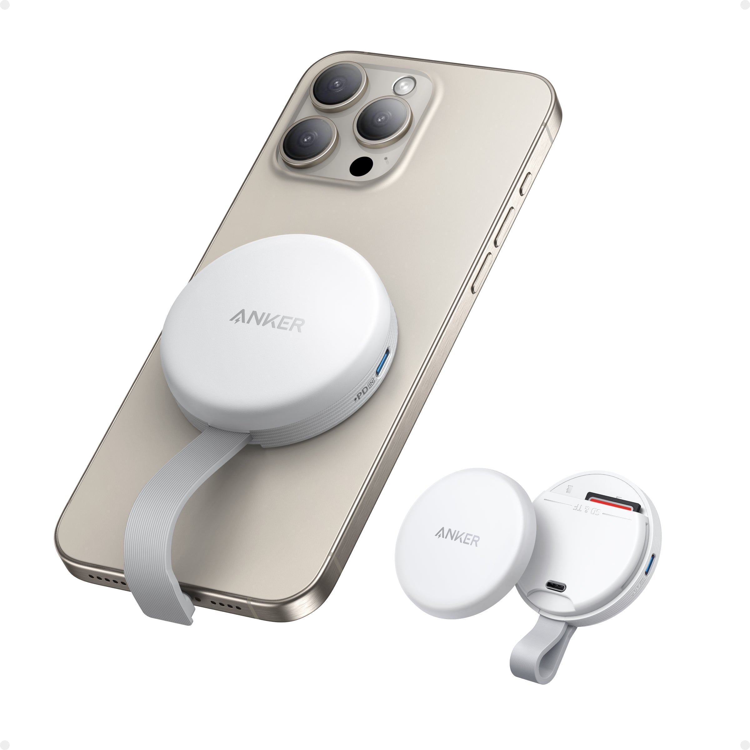 Anker round case attached to smartphone with strap for secure carrying