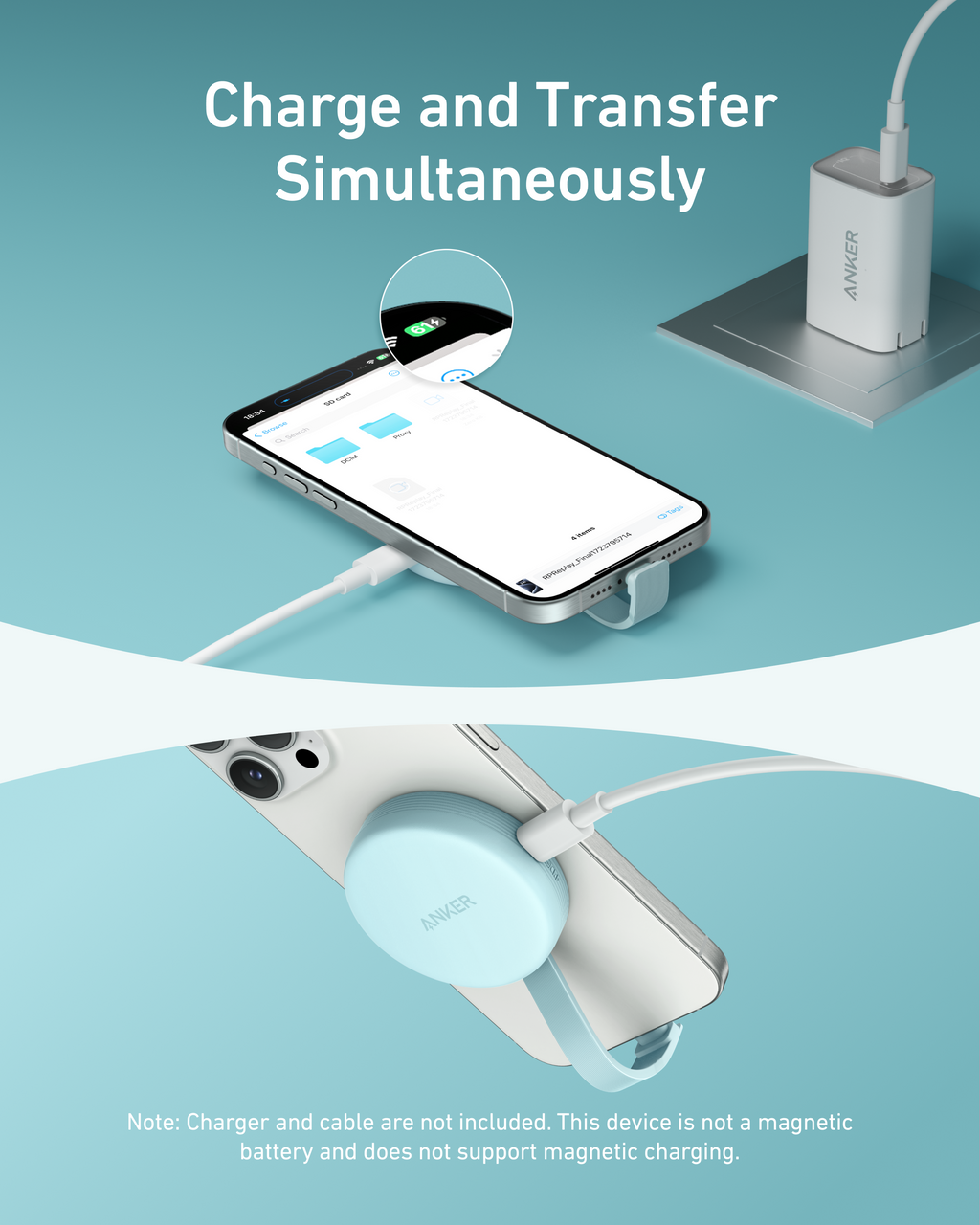 Anker with data cable connected for charging and transfer