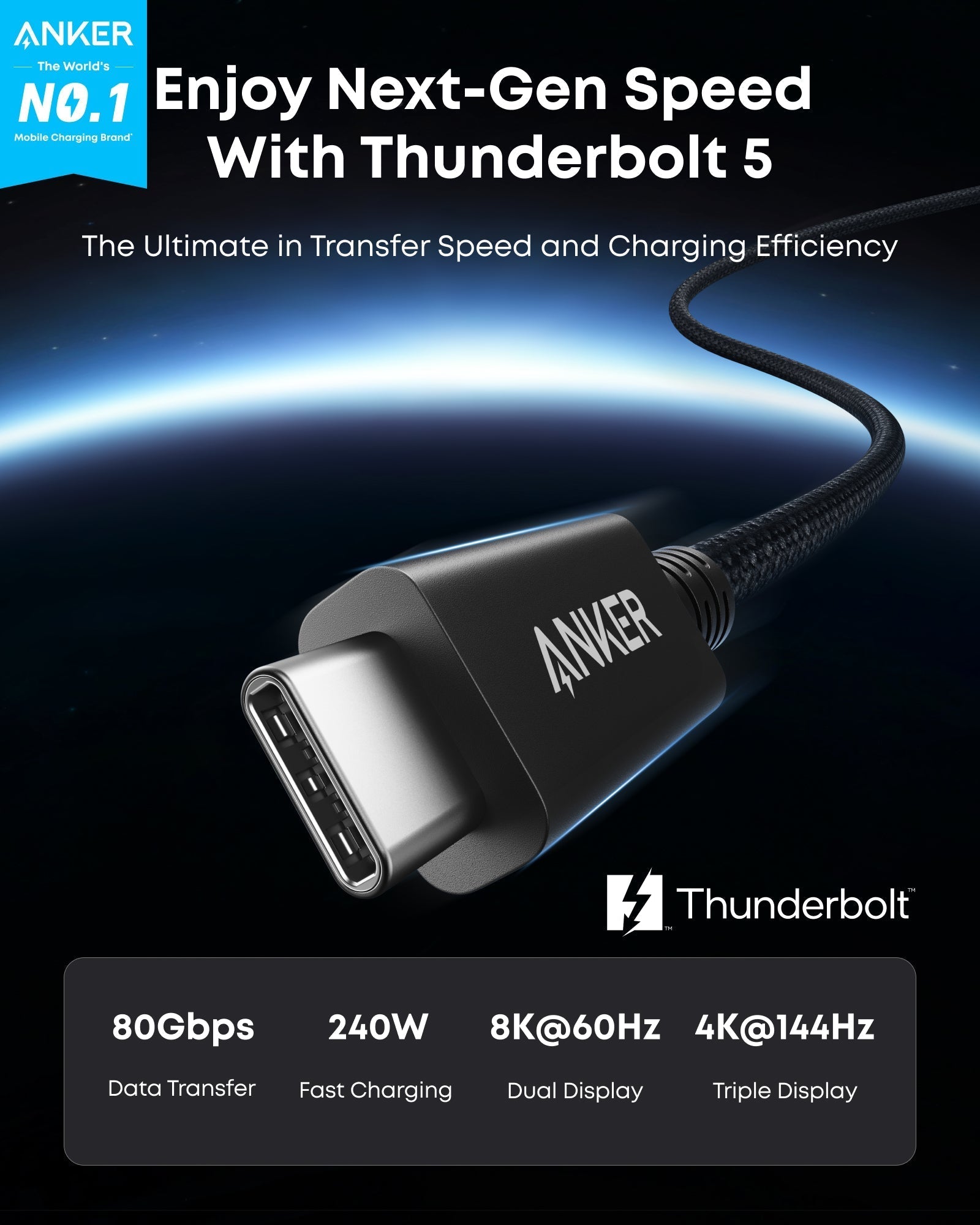 Anker Thunderbolt 5 cable with 80Gbps data and 240W charging