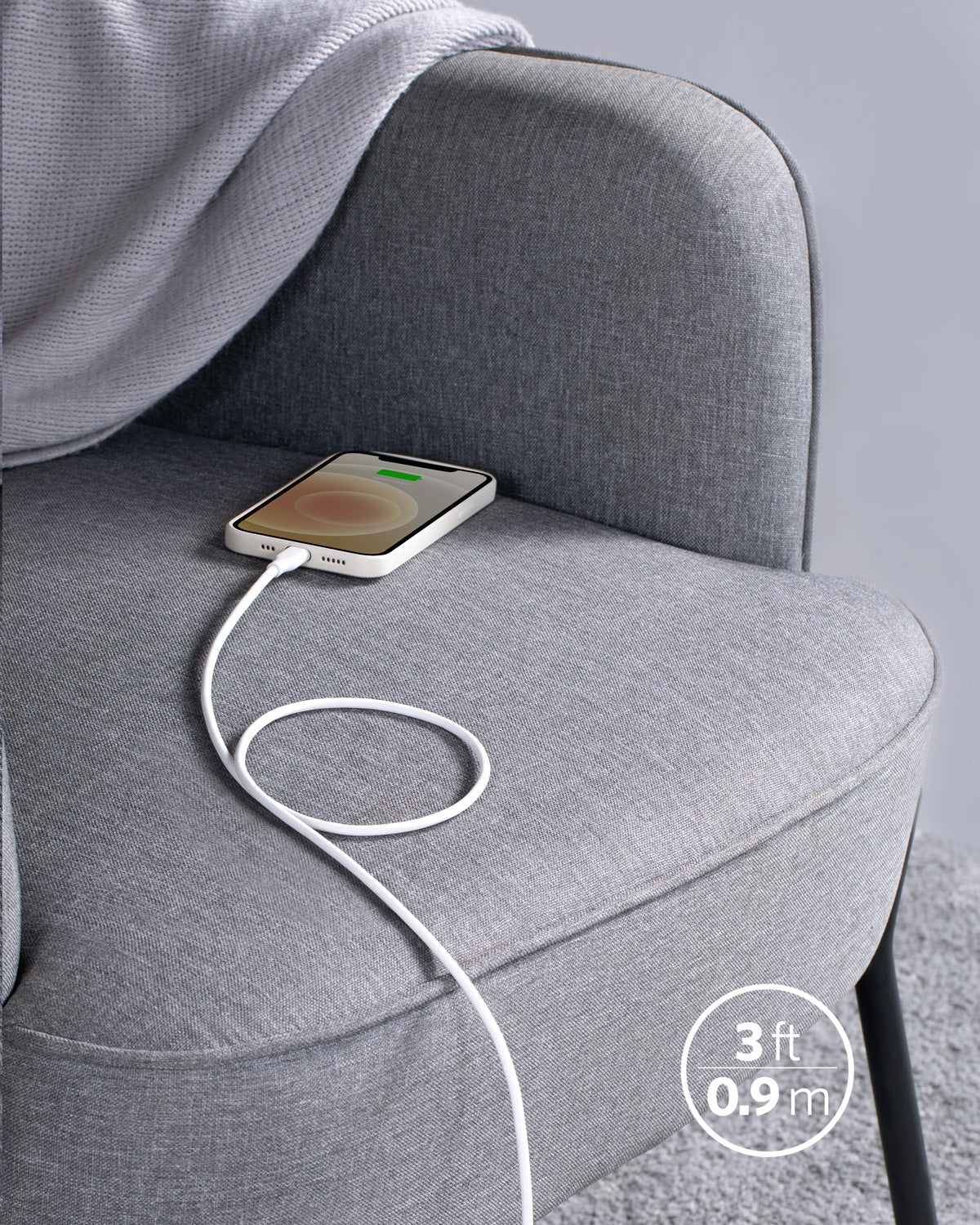 Anker cable for charging phone on sofa with 3 ft length
