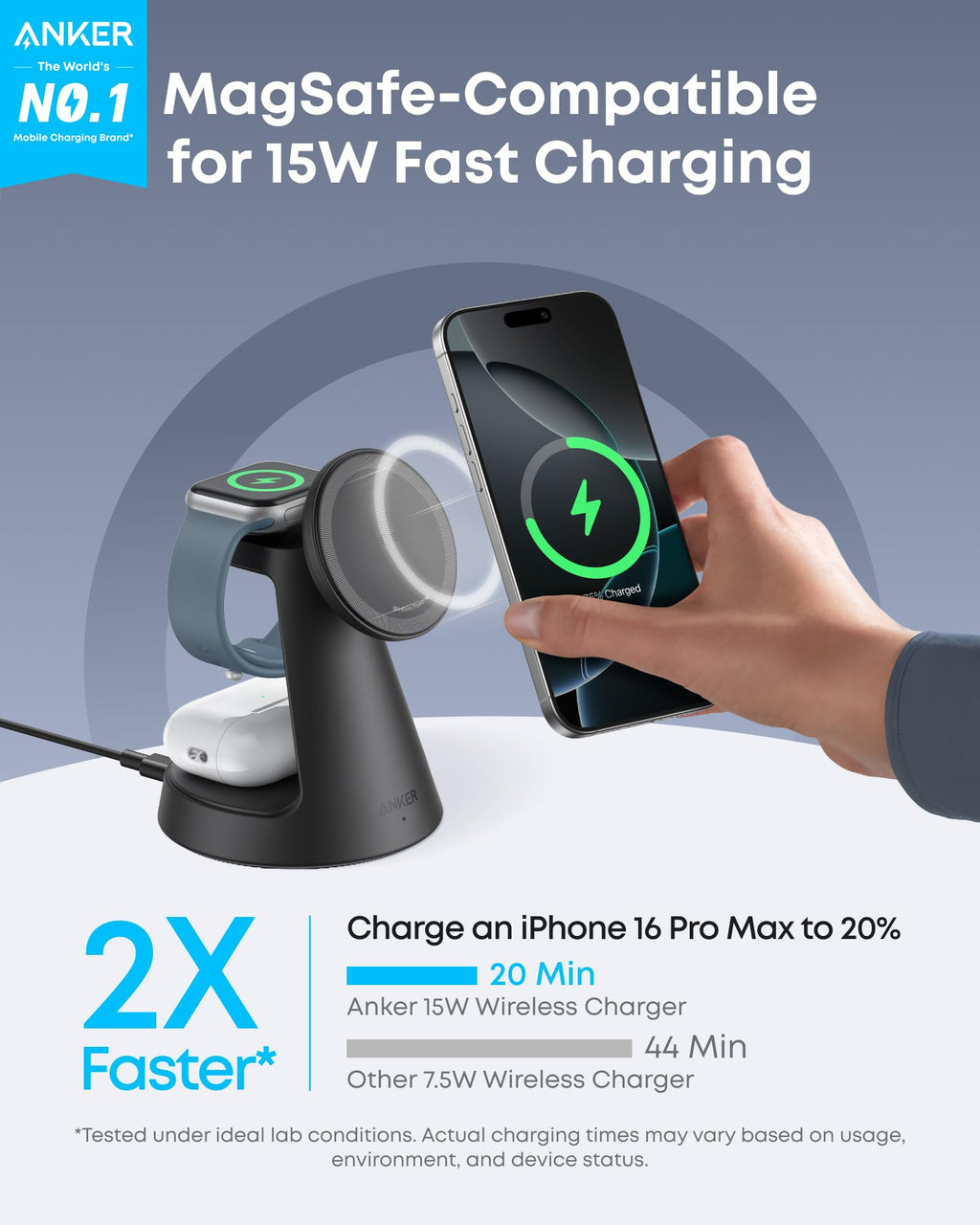 Anker MagSafe-compatible charger with iPhone for 15W fast charging