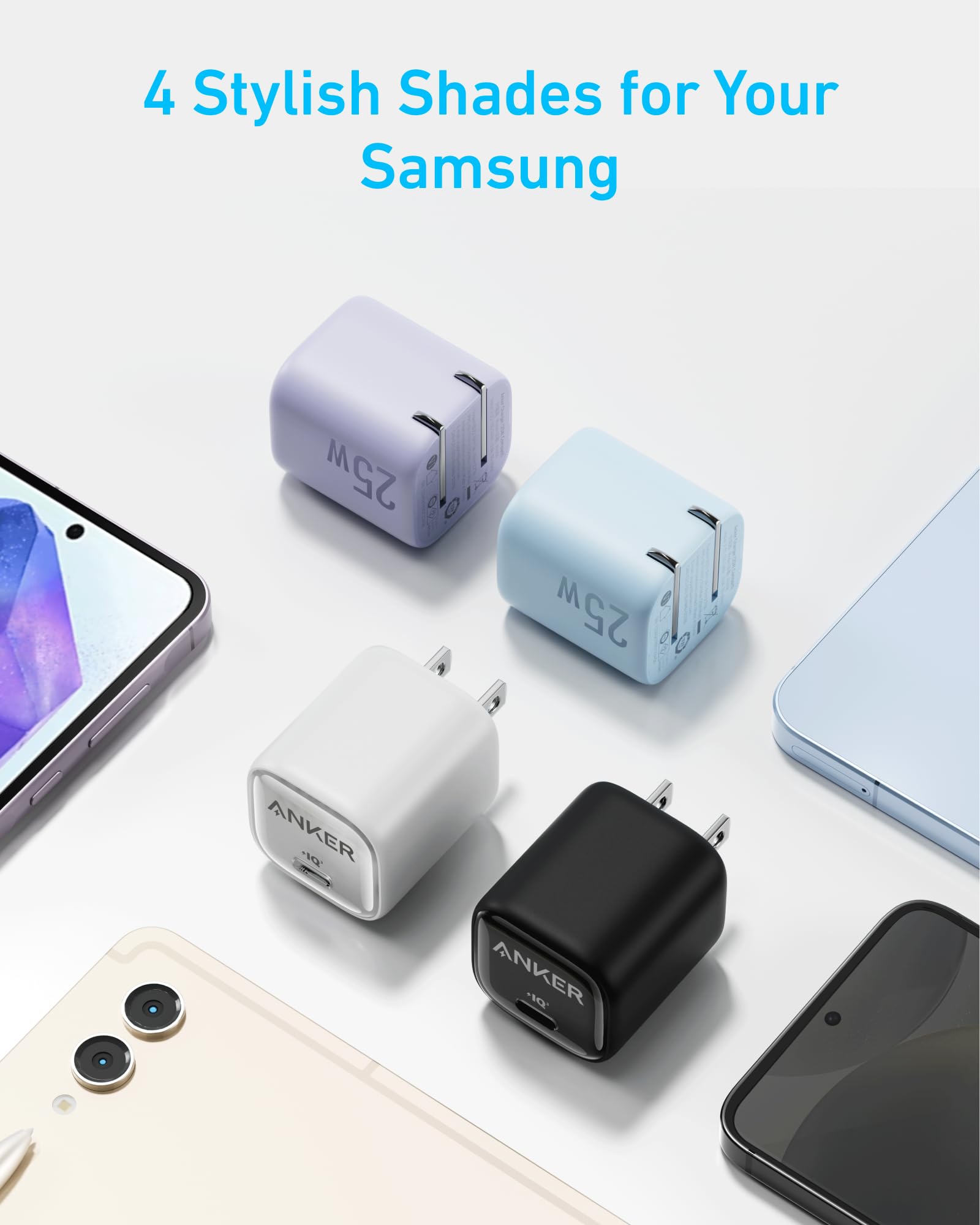 Four Anker 25W chargers for Samsung with stylish colors