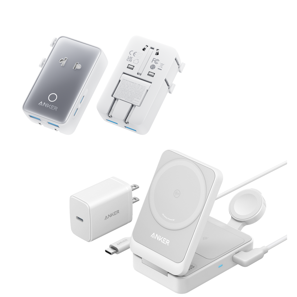 MagGo Wireless Charging Station (Foldable 3-in-1) and Nano Travel Adapter (5-in-1, 20W, 1-Pack)