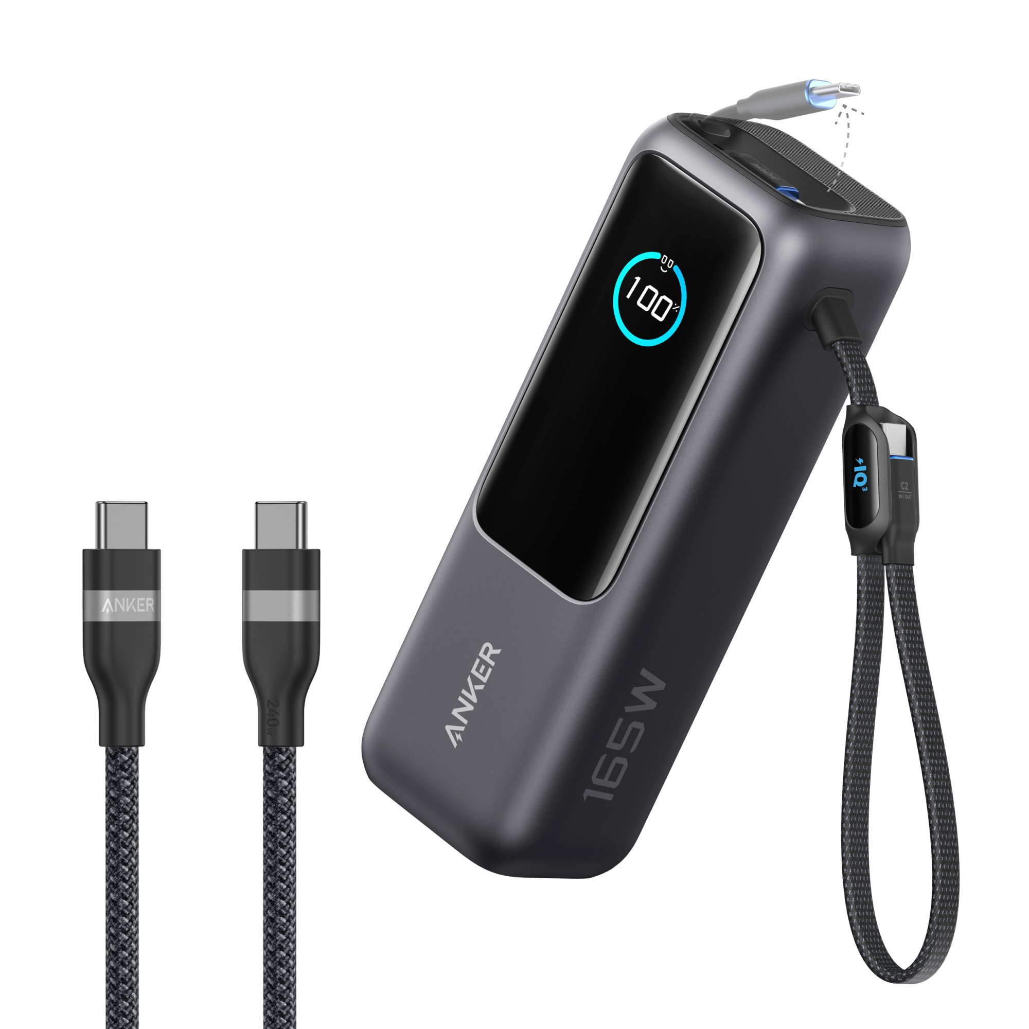 Laptop Power Bank (25K, 165W, Built-In and Retractable Cables)