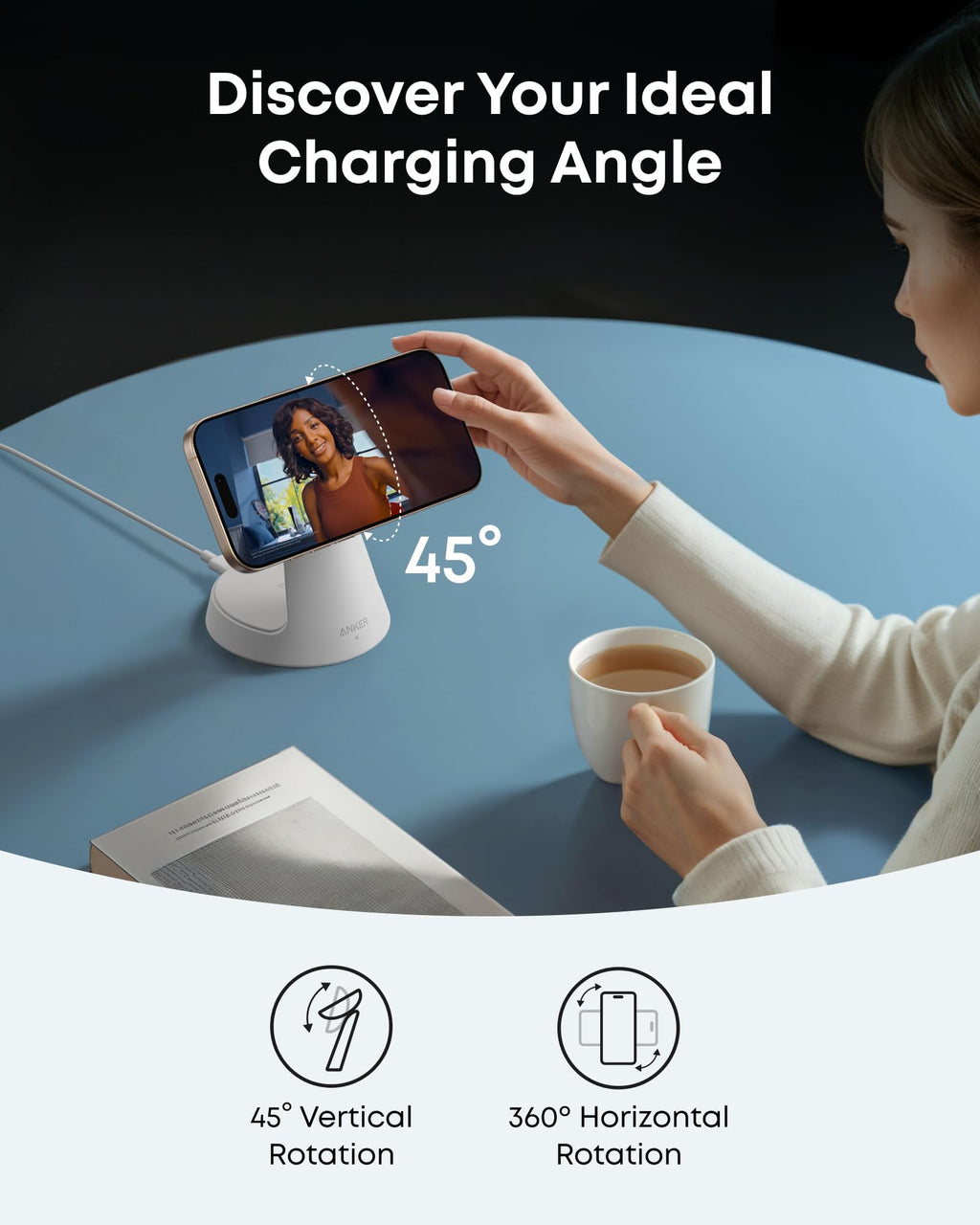 Anker with phone charging at 45-degree angle, coffee cup