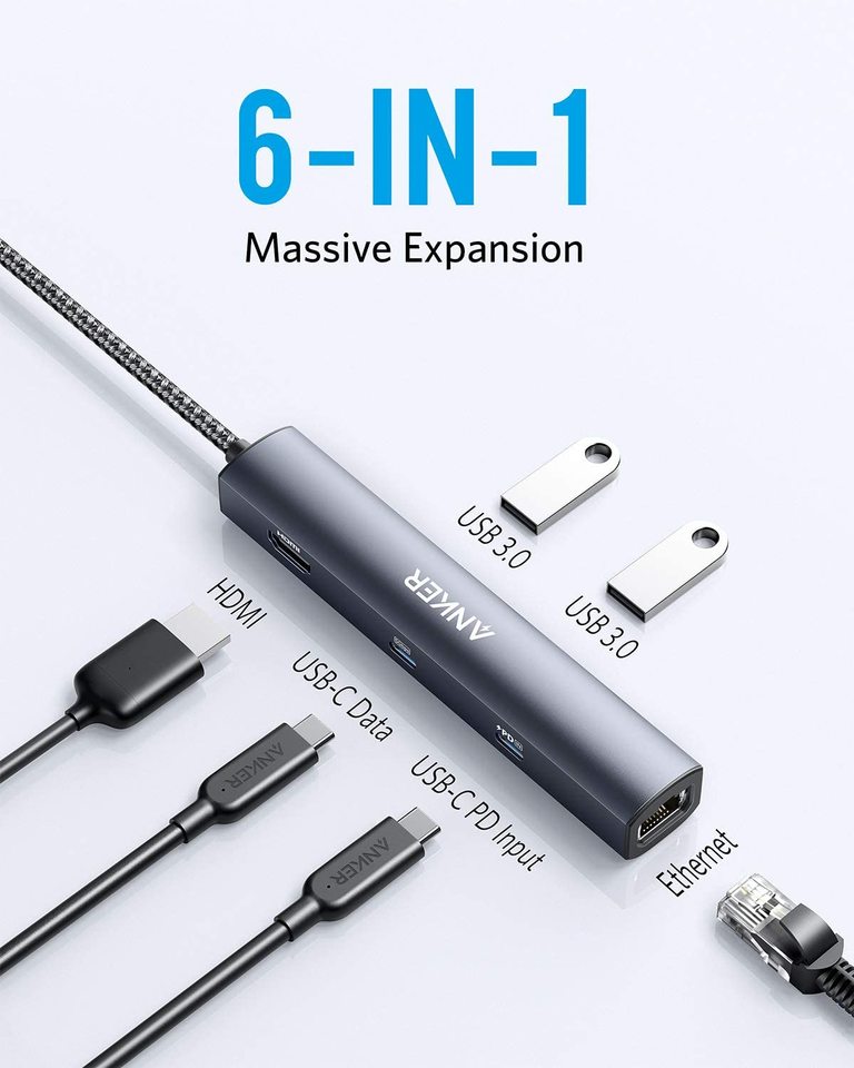 Anker 6-in-1 hub with USB, HDMI, Ethernet for expansion