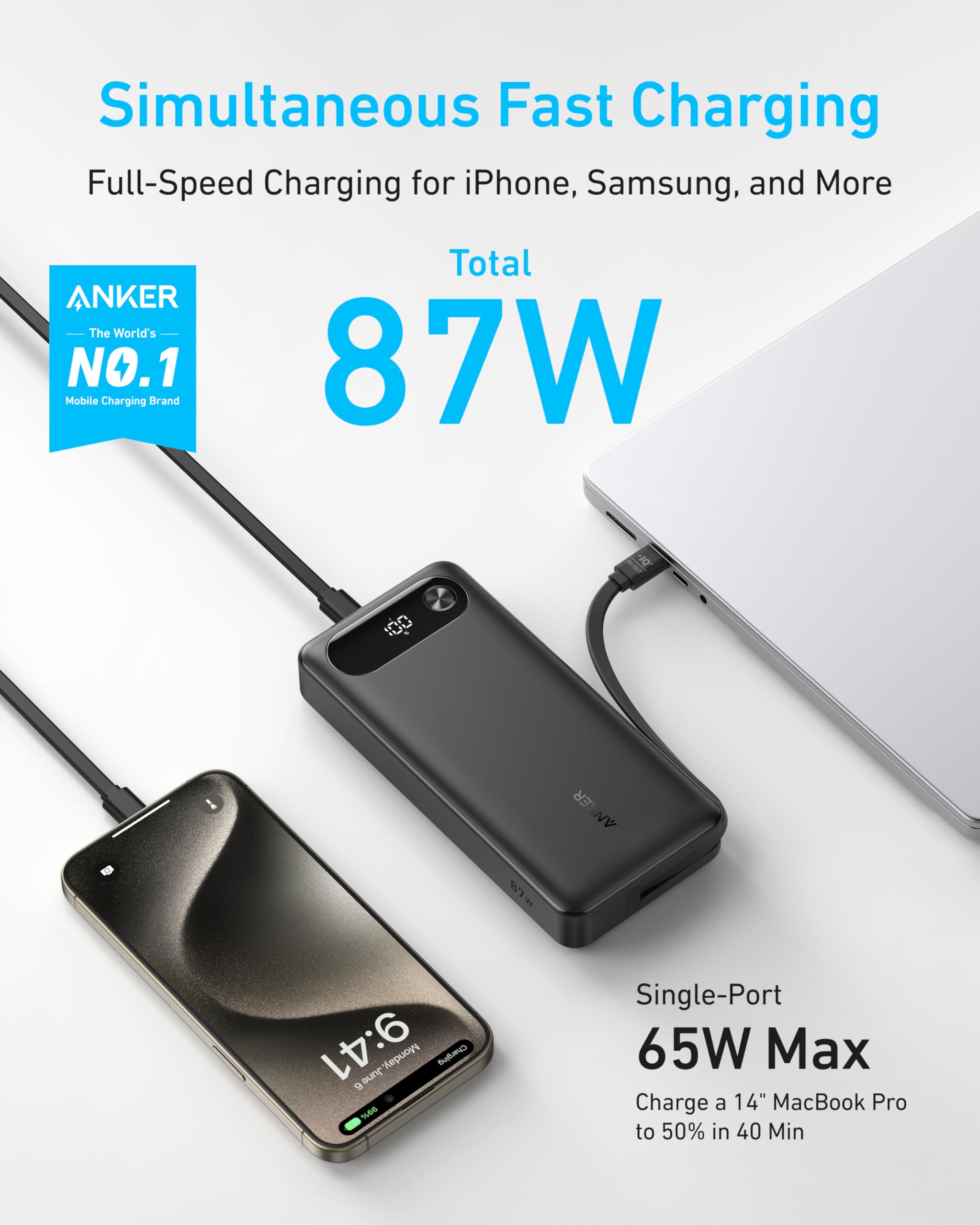 Anker simultaneous charging for laptop and phone with 87W total output